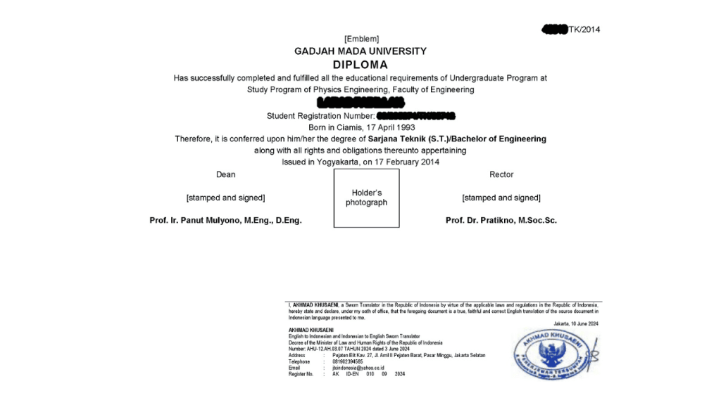 contoh terjemahan ijazah dan transkrip nilai